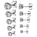 5 Pair(3,4,5,6,7mm) Round Cz 316l Stainless Steel Clear Cz Stud 6 Prong Earring Set