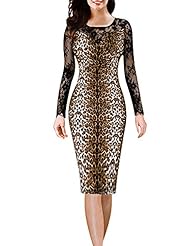 Sexy Leopard Print Sheer Lace Long Sleeves Cocktail Knee Length Polyester/Spandex Scoop Neck Bodycon Dress/Club Dress/Party Dress 