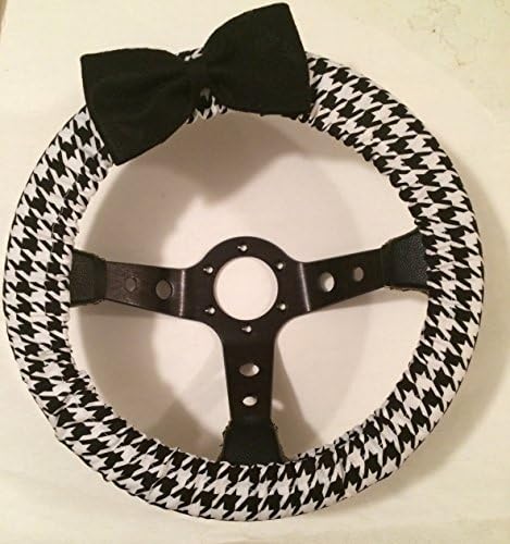 Jazzie Creations Handmade Black and white houndstooth print Stretch Steering Wheel Cover Cool in Summer Non Slip One Size Fits Most
