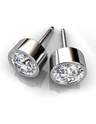 14KT White Gold Stylish Bezel Set Studs with a Perfectly Matched Pair of Round Brilliant Cut Diamonds Set 4 CTW
