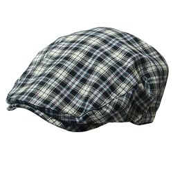 Summer Cotton Plaid Ivy Cabby Flat Cap Hat Blue with Black, Ivory and Orange M/L