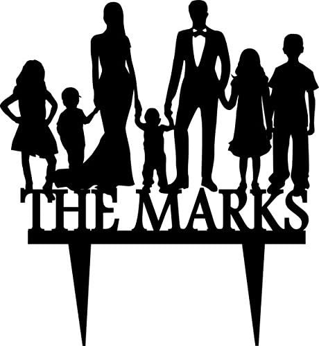 Anniversary Family Member Silhouette Cake Topper, Personalized Last Name Acrylic Cake Topper,Wedding Cake Topper Silhouette Groom and Bride with Five Kids.