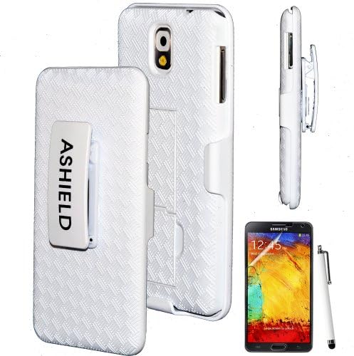 Ashield Armor Series Non-slip Snap on Holster Simple Case with Kickstand and Locking Belt Swivel Clip+ 1 Stylus+1screen Protector for Samsung Galaxy Note 3 III N9000 (White-note3)