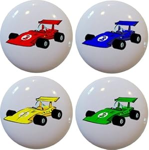 4 Race Car Ceramic Cabinet Drawer Pull Knobs - Cabinet And