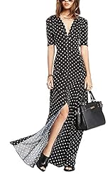 V-neck Dots Print  Vintage Elbow Length Sleeves Maxi Dress  With a Bow(s)