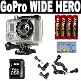 Gopro Wide Hero 5 Megapixel 170 Degree Lens Camera with Housing + Gopro 1.4 Inch - 2.5 Inch Roll Bar Mount (For Bike Frames, Bumper Bars, Ski/Surfboard racks, ATV, Boats, or anything else that is in the size range above) + 2GB SD Card + 4 AAA Rechargeable Batteries
