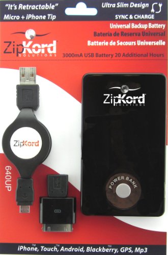 ZipKord 640up Mobile Device Universal Power Pack with Retractable Micro Cable and iPhone Tip - Retail Packaging - Black