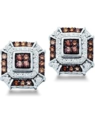 Brown Chocolate and White Round Brilliant Cut Diamond Stud Earrings in 10k White Gold Square Setting (1/2 cttw)