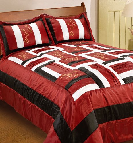 Double 3Pcs Luxury Red Patchwork Quilted Embroidered Bedspread Comforter Set Size 200cm x 240cm, PEMBROKE