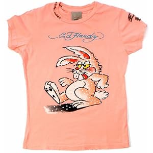Ed Hardy Rose Chateau/Bunny graphic Girls Short Sleeve Stitched T-Shirt with Rhinestones, 100% Cotton.