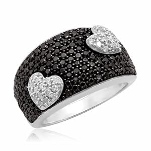 White Gold Black Diamond Hearts Tag Ring On Sale