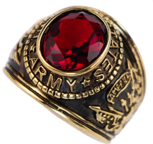 US Army 18K Gold Overlay Mens Ring Red Ruby CZ Size 8 9 10 11 12 13 14