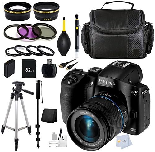 Samsung NX30 20.3MP CMOS Smart WiFi & NFC Interchangeable Lens Digital Camera with 18-55mm Lens and 3" AMOLED Touch Screen and EVF (Black) with Wide Angle & Telephoto Lens + 7 Pc. Filter Kit + 32GB Memory Card + Reader + 50" Tripod + 72" Monopod & more