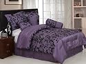 7 Pieces Purple with Black Velvet Floral Flocking Comforter (92"x90" in Inch) Set Bed-in-a-bag Queen Size Bedding