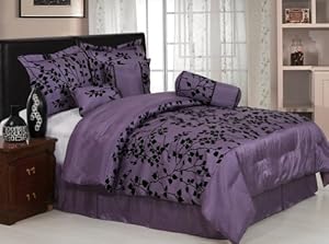 7 Pieces Purple With Black Velvet Floral Flocking Comforter 