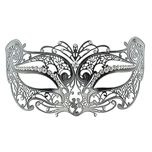 Party Queen Laser Cut Metal Venetian Pretty Masquerade Mask Clear Rhinestones (White Diamond)