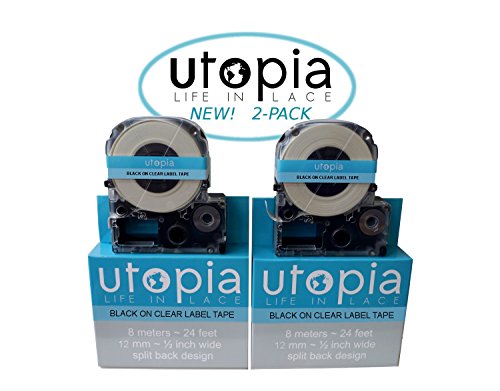 Utopia® Label Tape Refill Cartridge for Epson LabelWorks LW-300 LW-400 LW-500 LW-600 LC-4WBN9 2-PACK (Black on Clear)