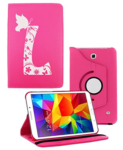 Letter (L) Galaxy Tab 3 Lite 7.0 / Galaxy Tab E Lite 7.0 case, 360 Rotating PU Leather Case Hot Pink White Design Cover for Samsung Galaxy Tab 3 Lite 7.0 Android Tablet. (Letter (L) White)