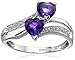 Amazon Collection 10K White Gold Amethyst with Diamond Double Heart Ring, Size 7