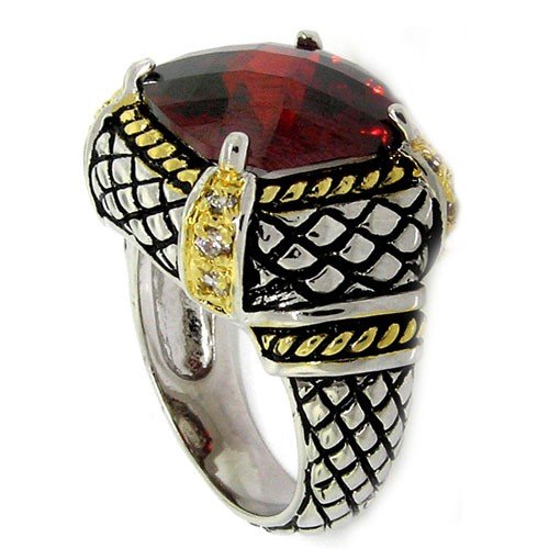 2-tone Designer-Inspired Ring w/Garnet & White CZs