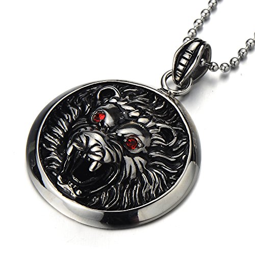 Stainless steel mens biker lion pendant necklace with red cubic z…