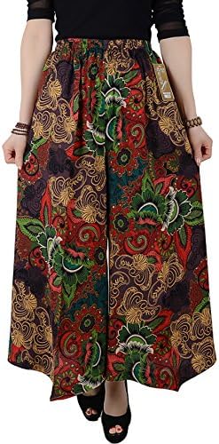Womens Comfy Elastic Waist Cotton&amp;Linen Printed Culottes Wide Leg Pants Khaki Size S