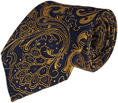 Mens Navy Blue Tie with Golden Copper Woven Paisley Pattern Necktie