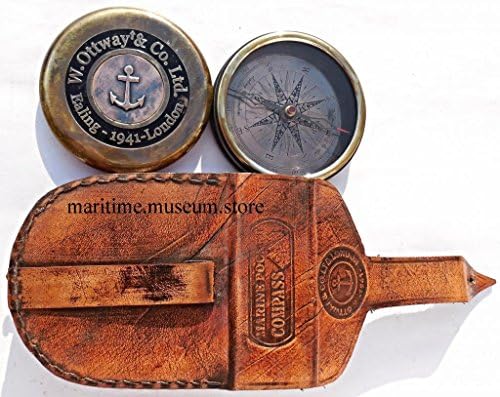 Antique Style W Ottway's Collectible Brass Compass with Leather Case - Large Poem Compass C-3026