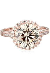 Rose Gold-Plated Sterling Silver Champagne and White Cubic Zirconia Halo Ring, Size 7