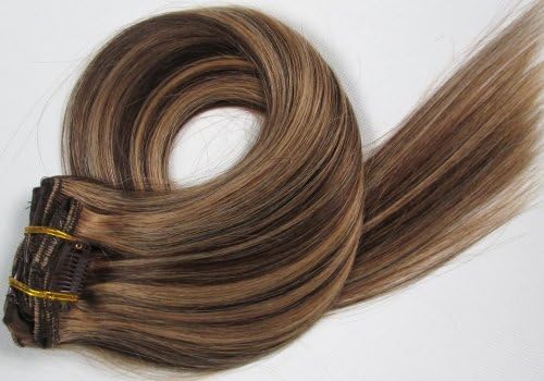 New Clip In Hair Extension 100% Real Remy Human Highlight Full Head 7pcs Set #4/27-medium brown mixed with dark blonde (20Inch)