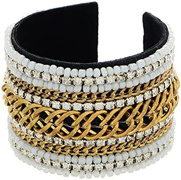 1 3/4" Wide Cuff Style Bracelet Featuring a Gold Tone Chain Link Decor Accented By Ivory Imitation Pearl Seed Beads and Crystal Clear Rhinestones.