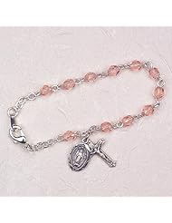 October Birthday Sterling Silver 5 1/2 Pink Rose Baby Bracelet, Infant Jewlery, Girls Rosary Bracelet, Crucifix Cross & Miraculous (St. Mary) Charms