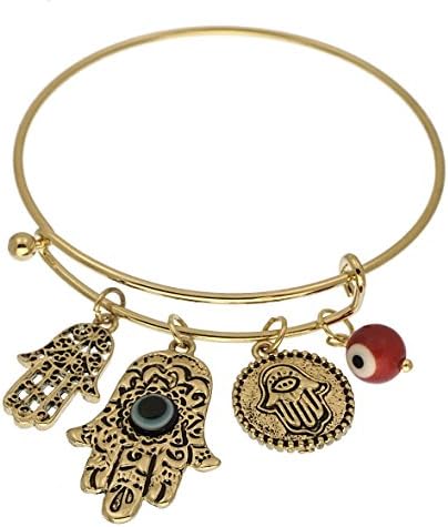 Hamsa Hand of Fatima Textured Charms Wire Bangle Bracelet