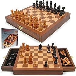 Inlaid Walnut style Wood Cabinet w/ Staunton Wood Chessmen (fls)