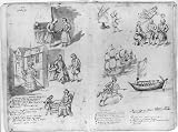 Drawings of annual guild days of Norwich,England,1705,Royal Free-School,people