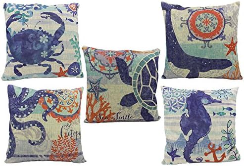 JLZH Sea Turtle Cotton Linen Cushion Cover Pillow Case Painting Vintage Retro Decorative Pillowcase in Blue Ocean Series,18in X 18in