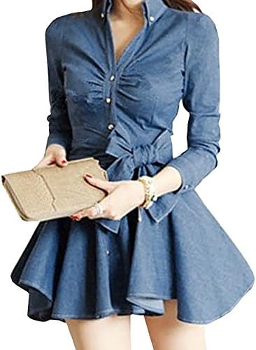 FsJoy Women's Vintage Long Sleeve Lapel Denim Mini Pleated Dress
