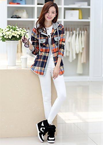 Rozzy K Womens Pocket Button Down Casual Plaid Hoodie Shirt Slim Fit Top Blouse Medium Orange