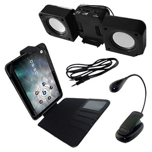 Skque Premium New Black Leather Case+Black Booklight+Black Fold-up Speaker+3.5mm Stright Cable For Motorola Xoom Tablet