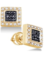 14K Yellow Gold Round Brilliant Cut Black and White Diamond - Square Princess Shape Halo Channel Set Studs Earrings with Secure Screw Back Closure - (1/2 cttw.)