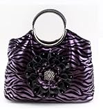 Purple Flower on Flower Zebra Print with Rhinestone Centered Rosette and Metal Handles Handbag