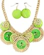 Large Round Goldtone Green Shells Statement Necklace and Earrings Set