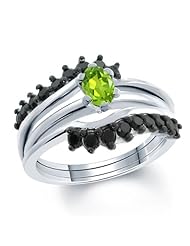 1.39 Ct 7x5mm Oval Green Peridot and Black Diamond 925 Sterling Silver Ring
