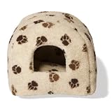 Sherpa Fleece Beige Brown Paw Igloo Cat Bed 41x41cm