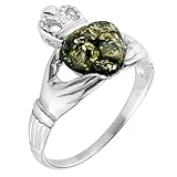 Green Amber and Sterling Silver Irish Claddagh Ring, Sizes 5,6,7,8,9,10,11,12