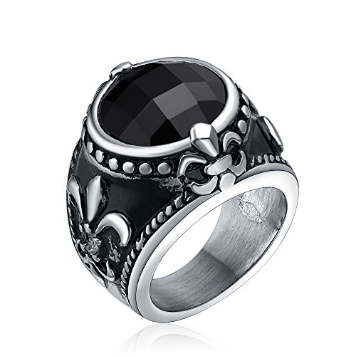 Vintage Black Oval Silver Fleur De Lis Retro Stainless Steel Ring Comfort Fit Size 8-11