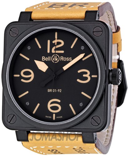 Bell and Ross Heritage Black Dial Beige Leather Strap Mens Watch BR01-92-HERITAGE
