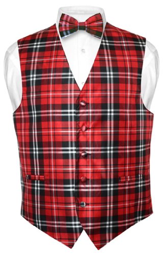 Men's Plaid Design Dress Vest & BOWTie Black Red White BOW Tie Set