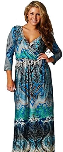 Fashion Blue Paisley 365 Boho 3/4 Sleeve Wrap Tie Long Maxi Dress Plus (1X)