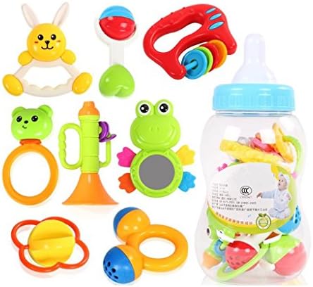 ROWAG Educational 8 Pieces Baby Rattles and Teethers Playset with Gift Bottle Infants Toys for Toddler Newborn
